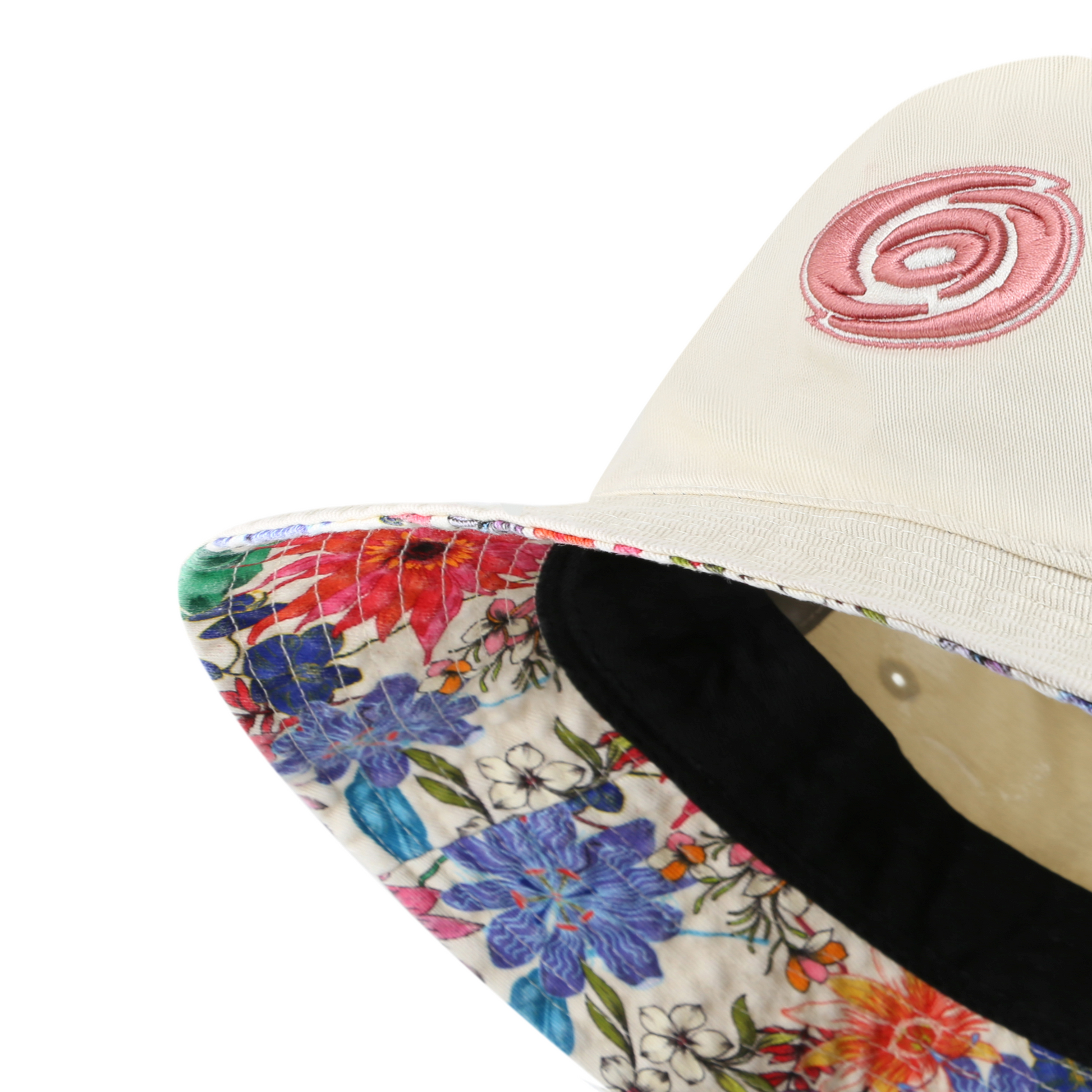 Front under: White bucket hat with pink hurricanes primary lgoo and floral pattern underbrim