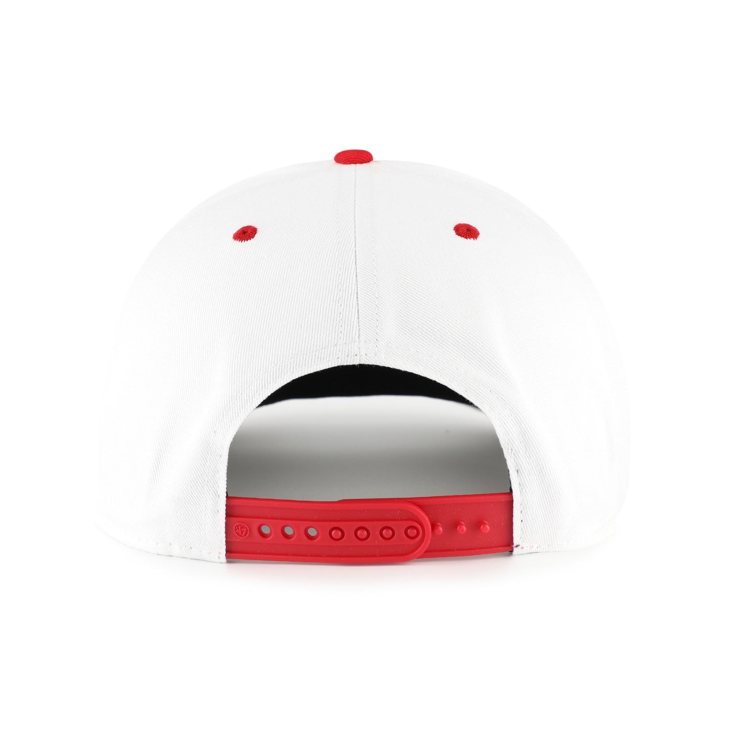 Back: White hat, red crown/eyelets, red snapback straps