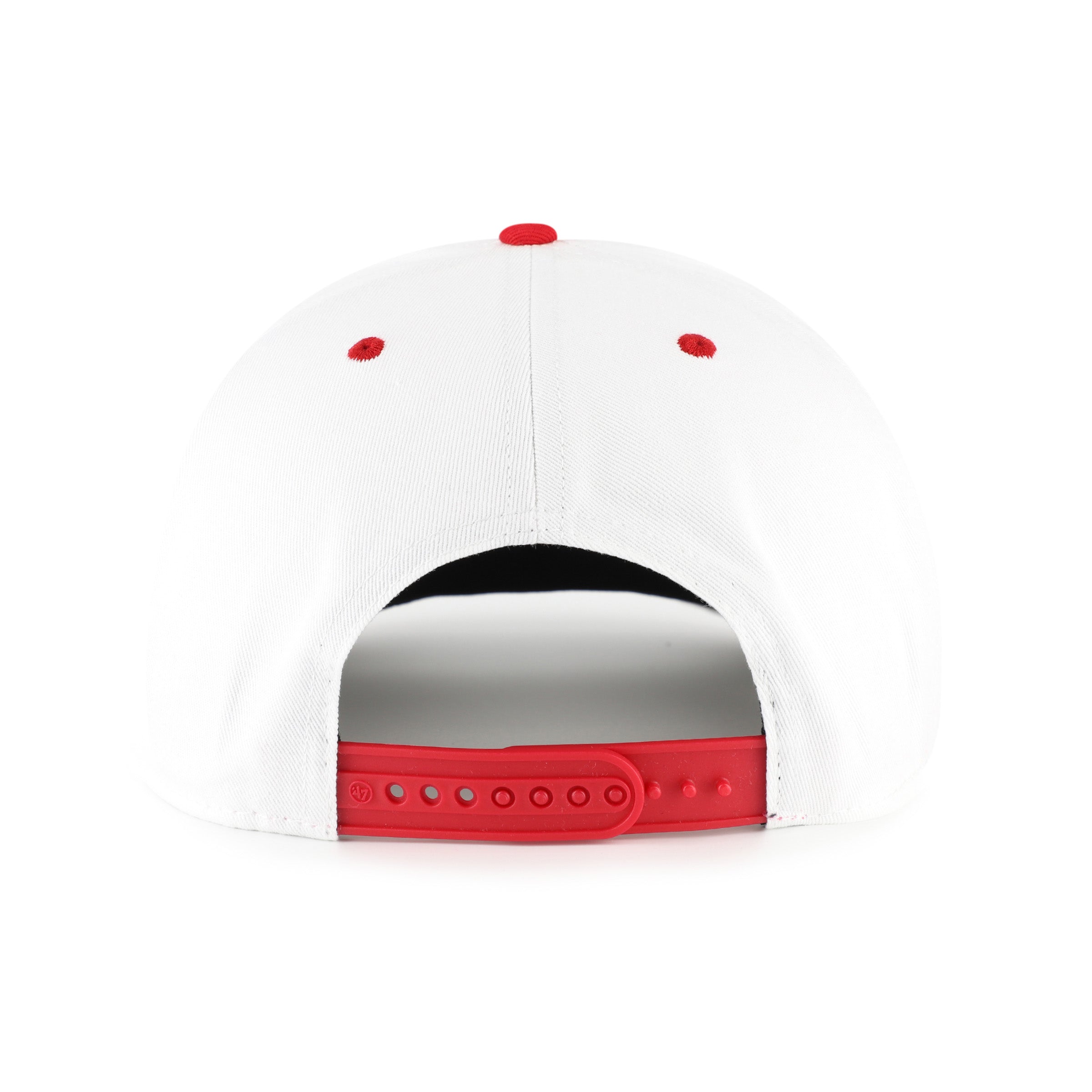 Back: White hat, red crown/eyelets, red snapback straps