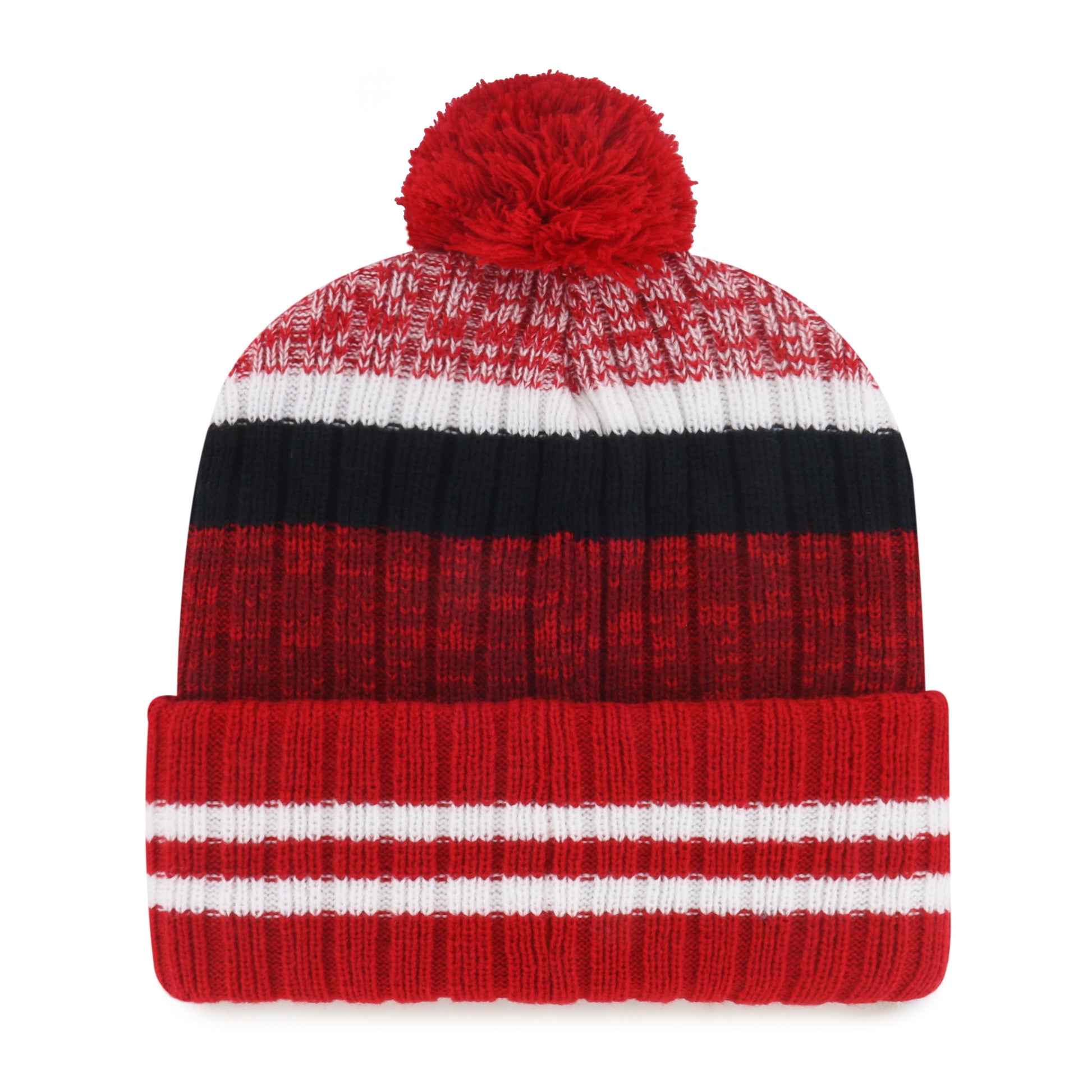 Back: White stripes on cuff, black/white/heather red on beanie