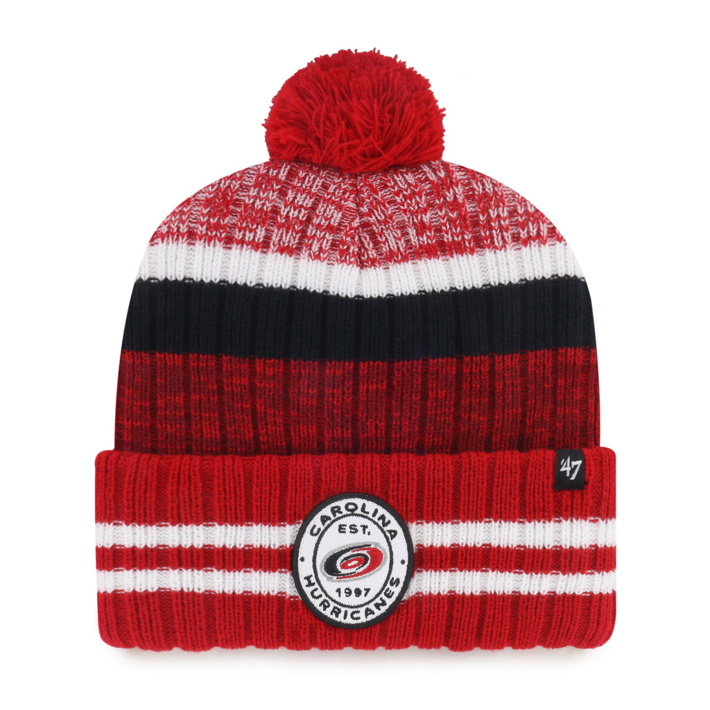 Front: Red cuffed beanie with black/white accents, ovular patch on cuff, red pom