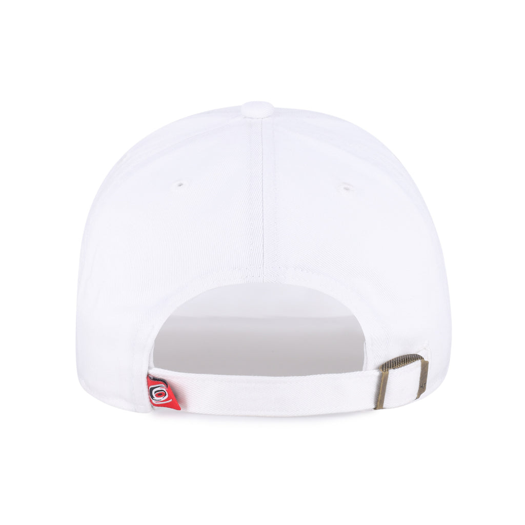 Back: White adjustable strap with metal clasp, red tag on strap with Primary logo