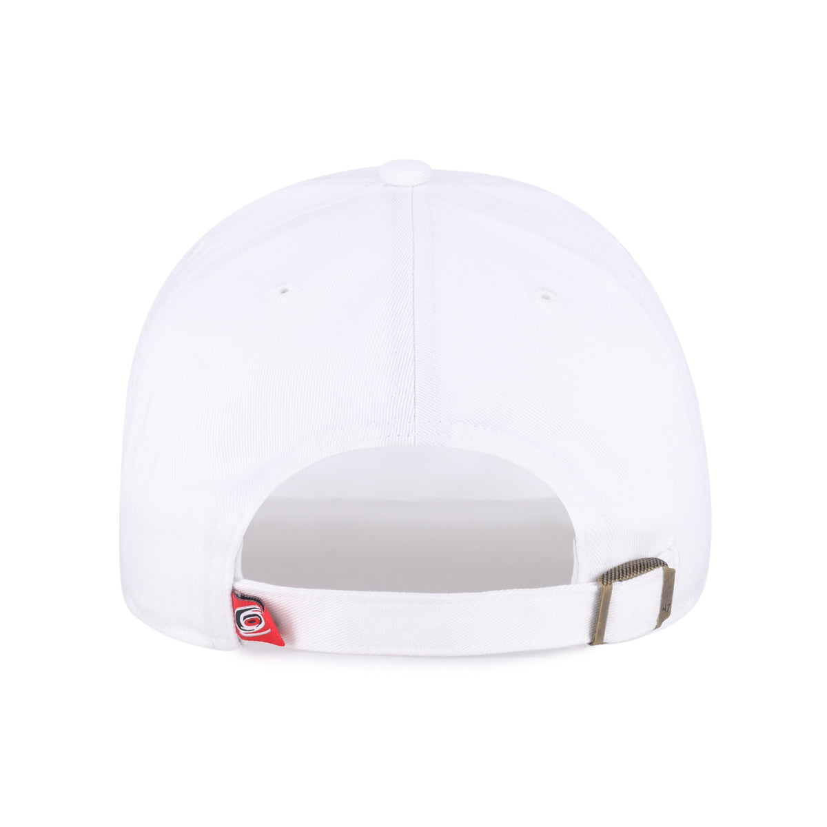Back: White adjustable strap with metal clasp, red tag on strap with Primary logo