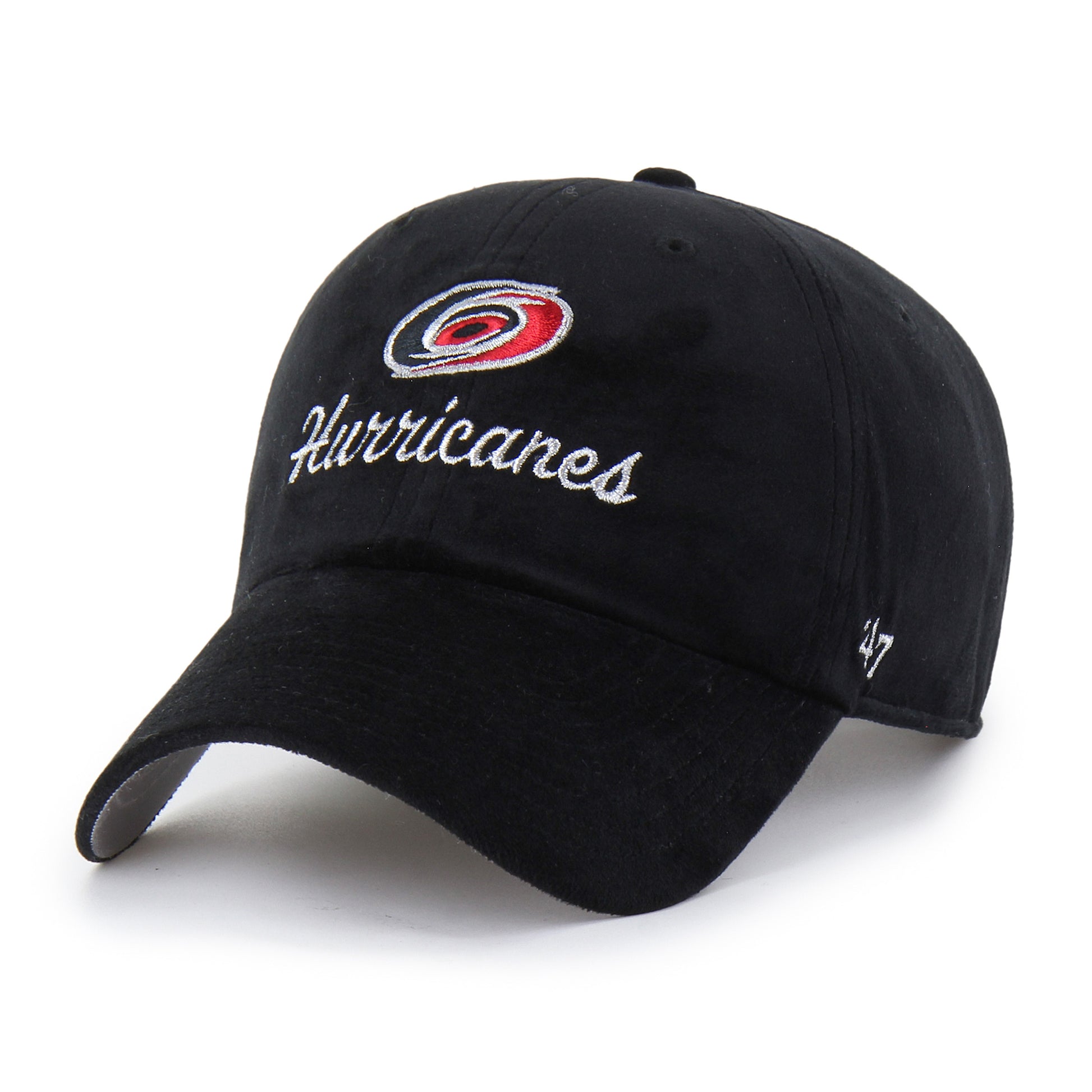 Front: Black hat, "Hurricanes" in cursive, Primary logo above, 47 logo on left