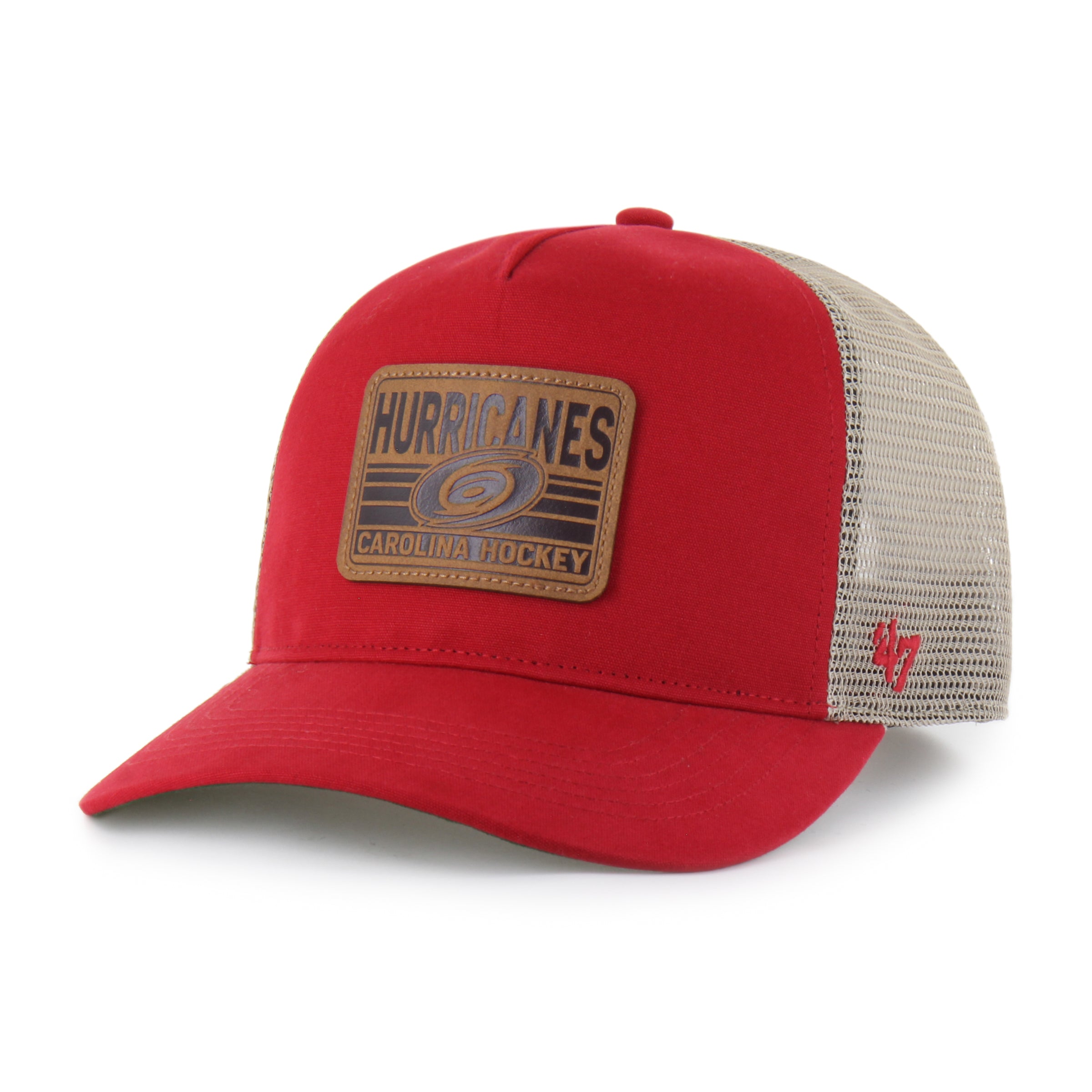Front: Red meshback hat, brown leather Hurricanes patch on front