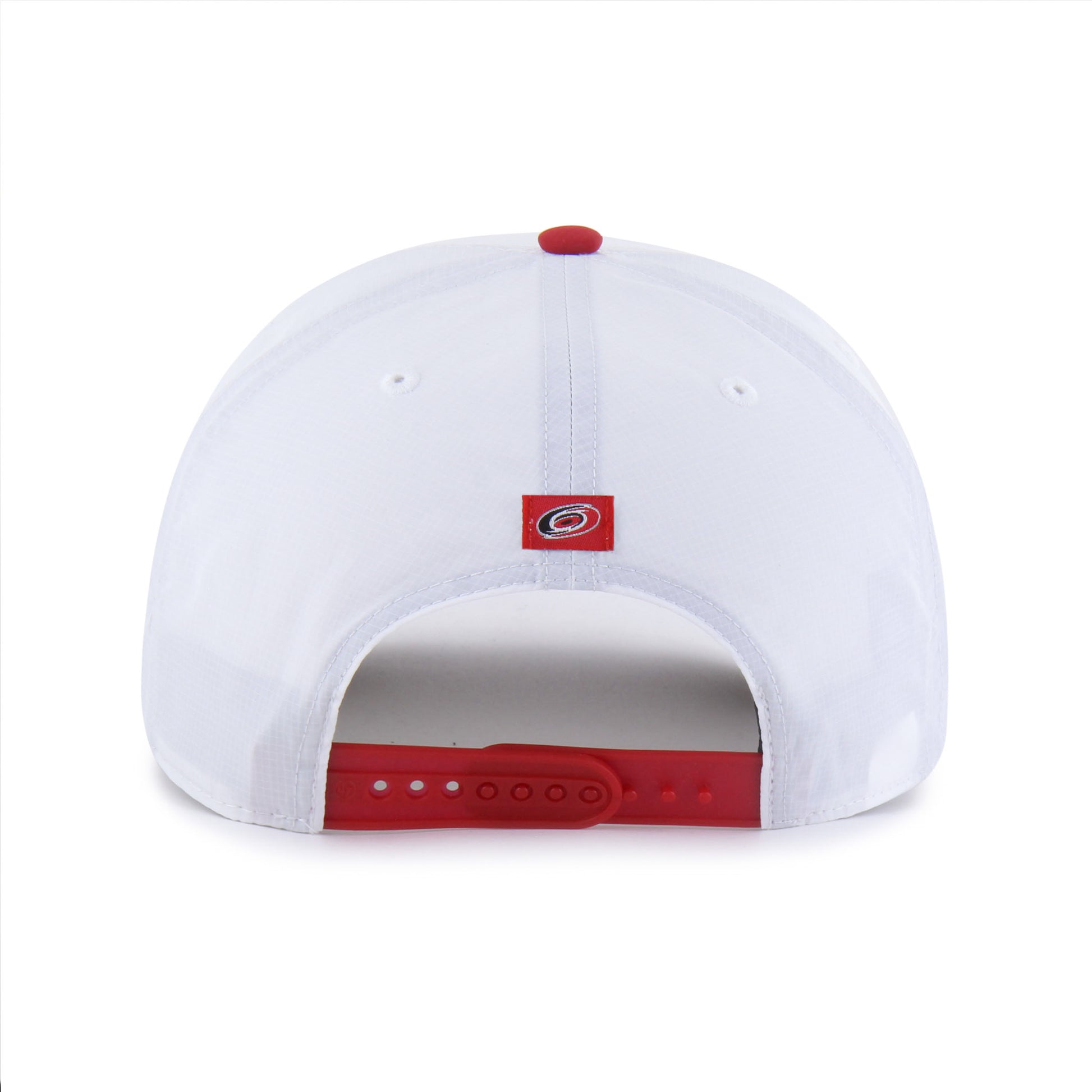 Back: White hat, red crown, red snapback straps, red Primary logo tag above straps