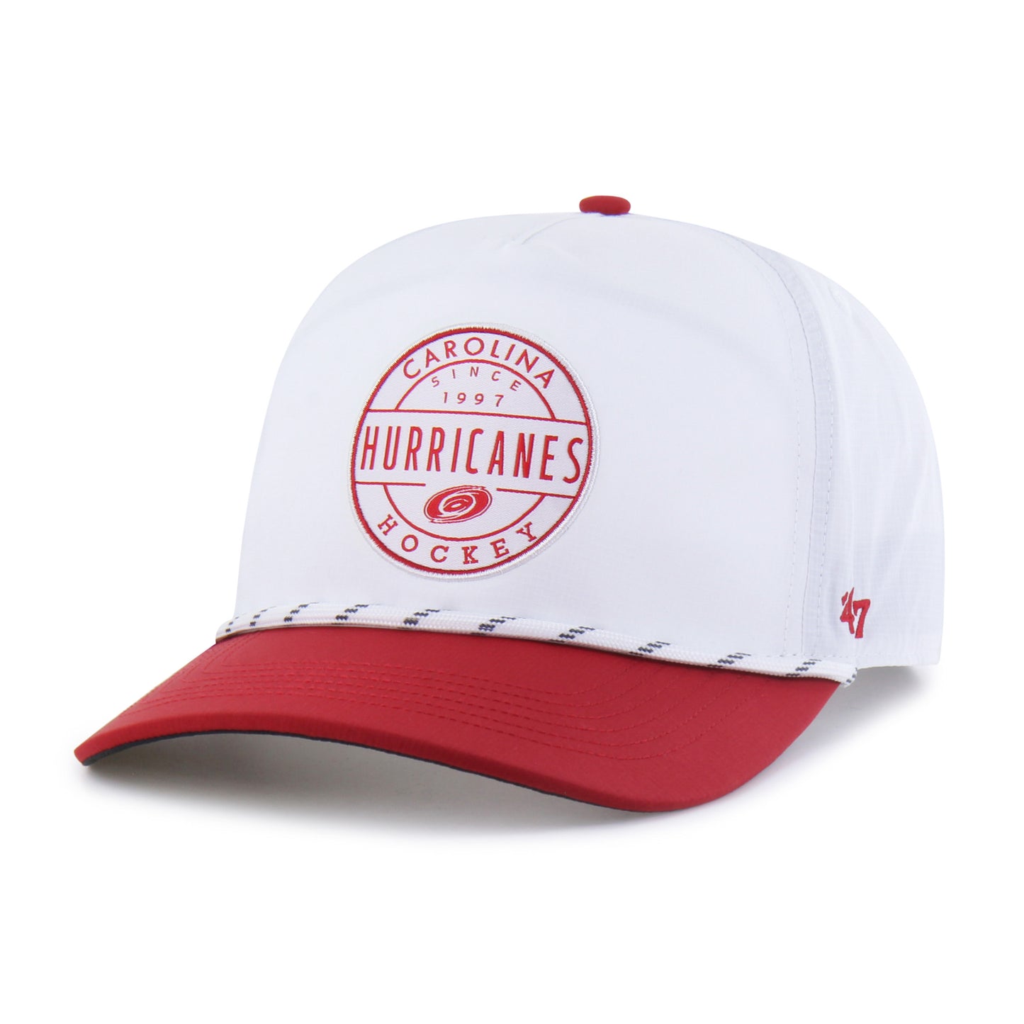 Front: White hat, red brim, white/black rope on brim, circular "Carolina Hurricanes Hockey" graphic on front