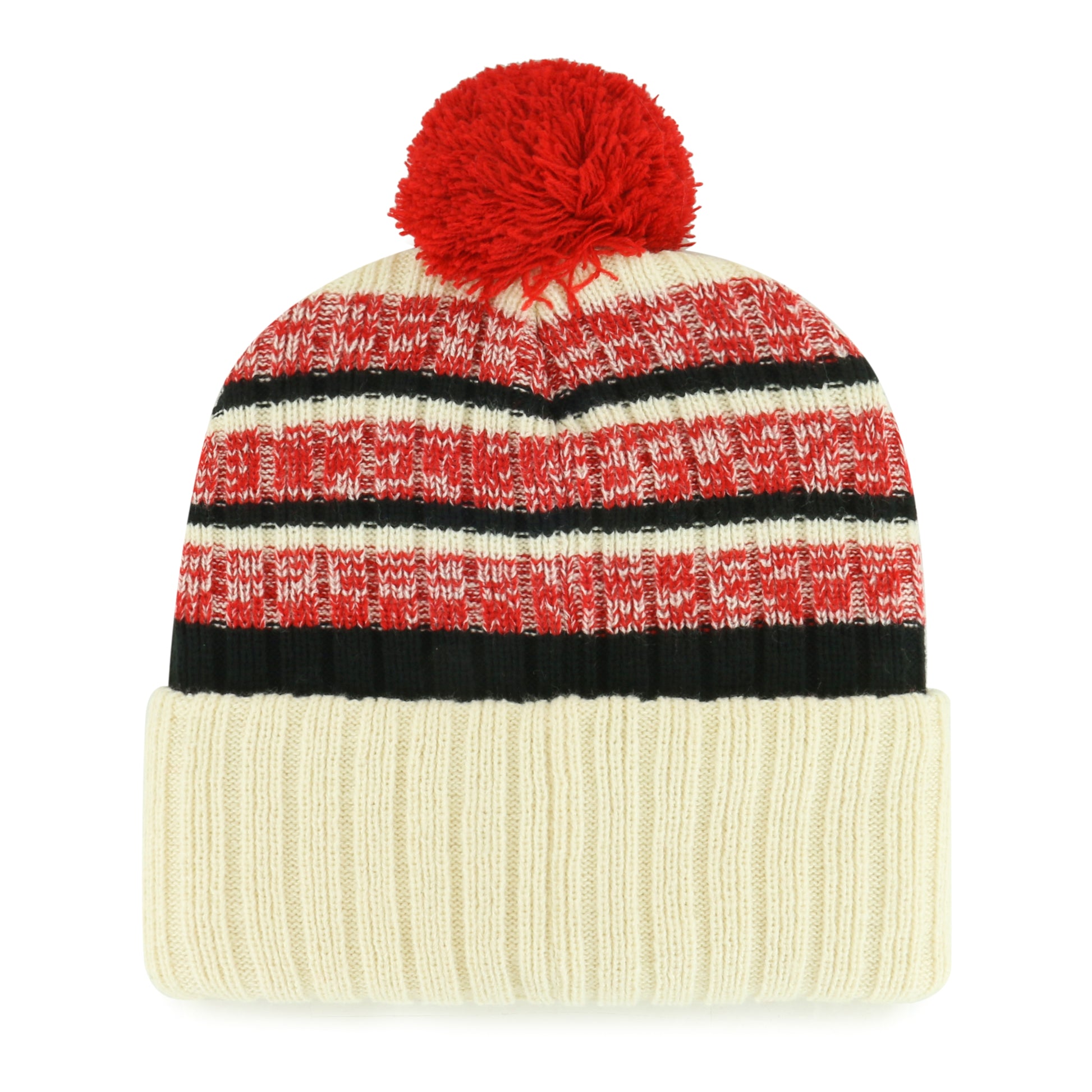 Back: Cream black and red cuffed beanie with red pom
