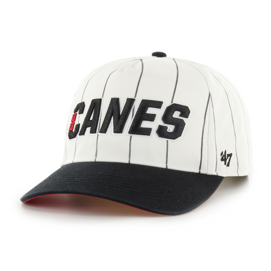 Front: Baseball cap, white with black pin stripes and black brim canes wordmark logo