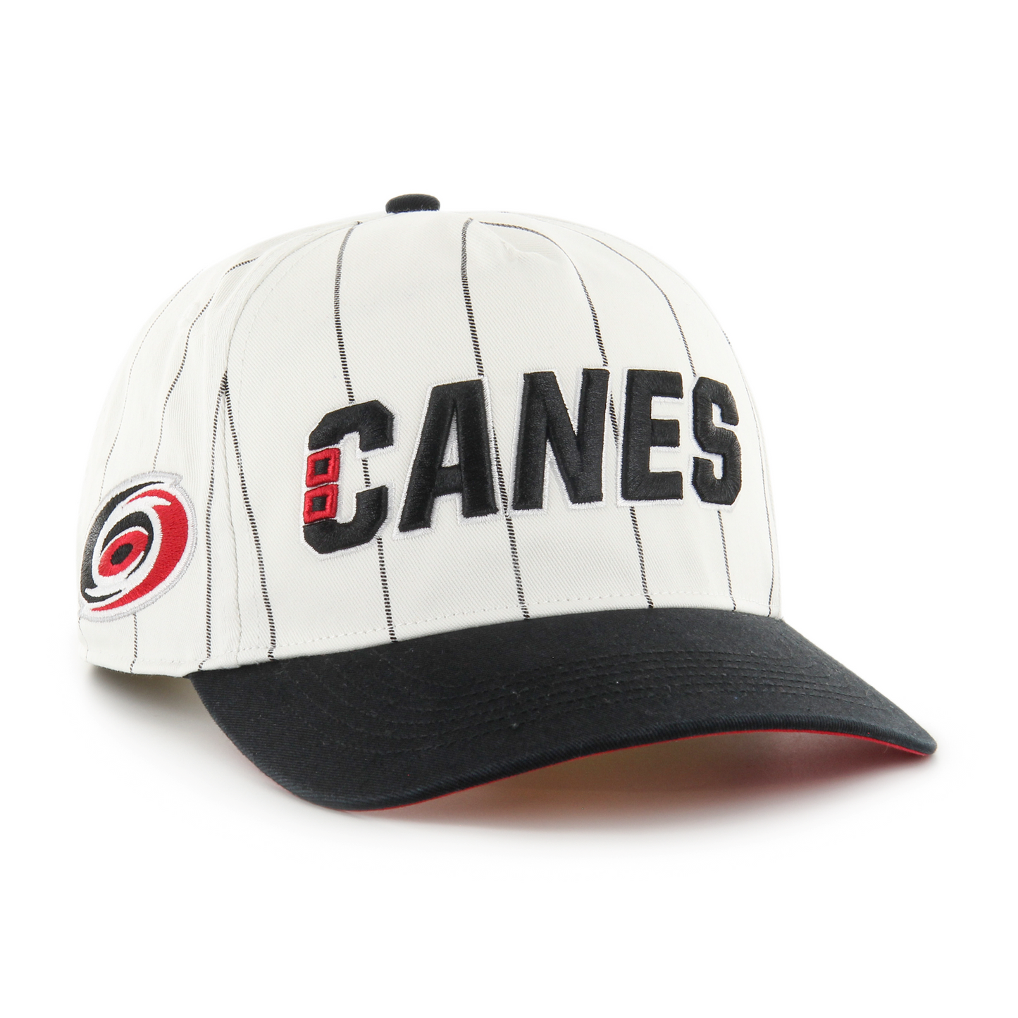 Front: Baseball cap white with black pin stripes canes wordmark and a black brim, canes primary logo on left side