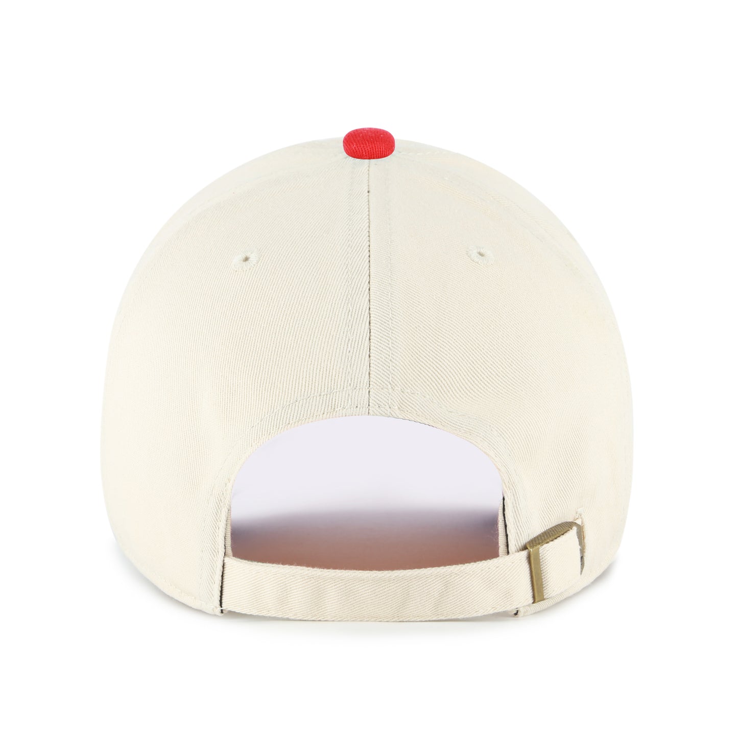 Back: White hat with red crown, white adjustable strap with clasp