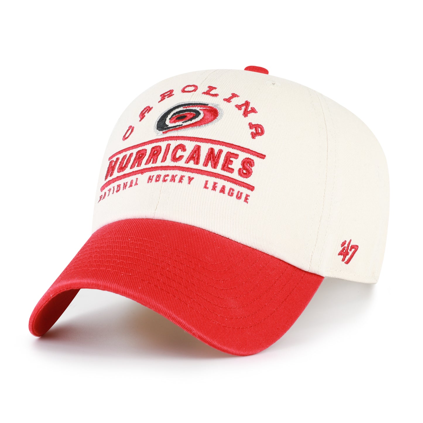 Front: White hat, red brim, "CAROLINA HURRICANES NATIONAL HOCKEY LEAGUE" graphic in red