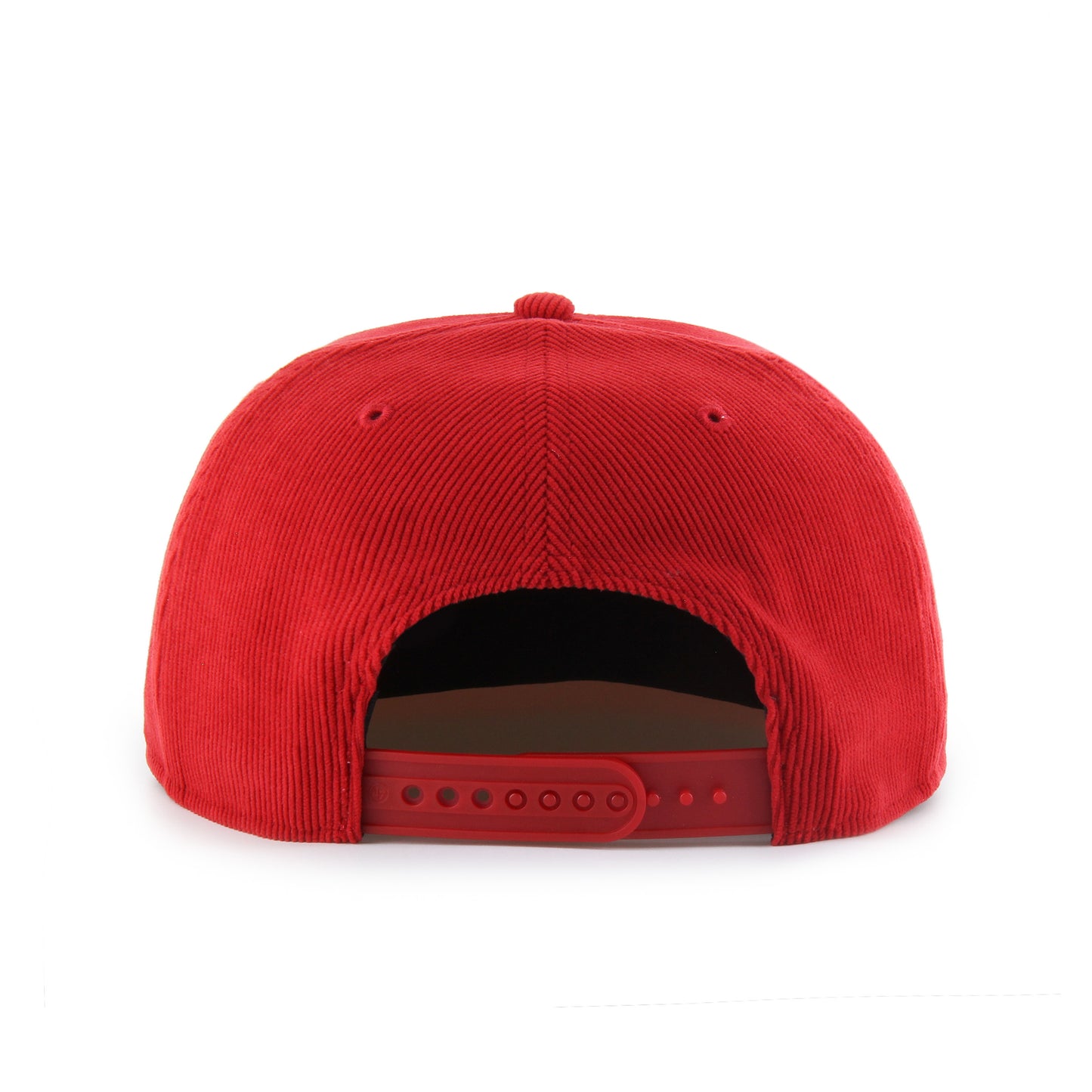Back: Red hat with red snapback straps