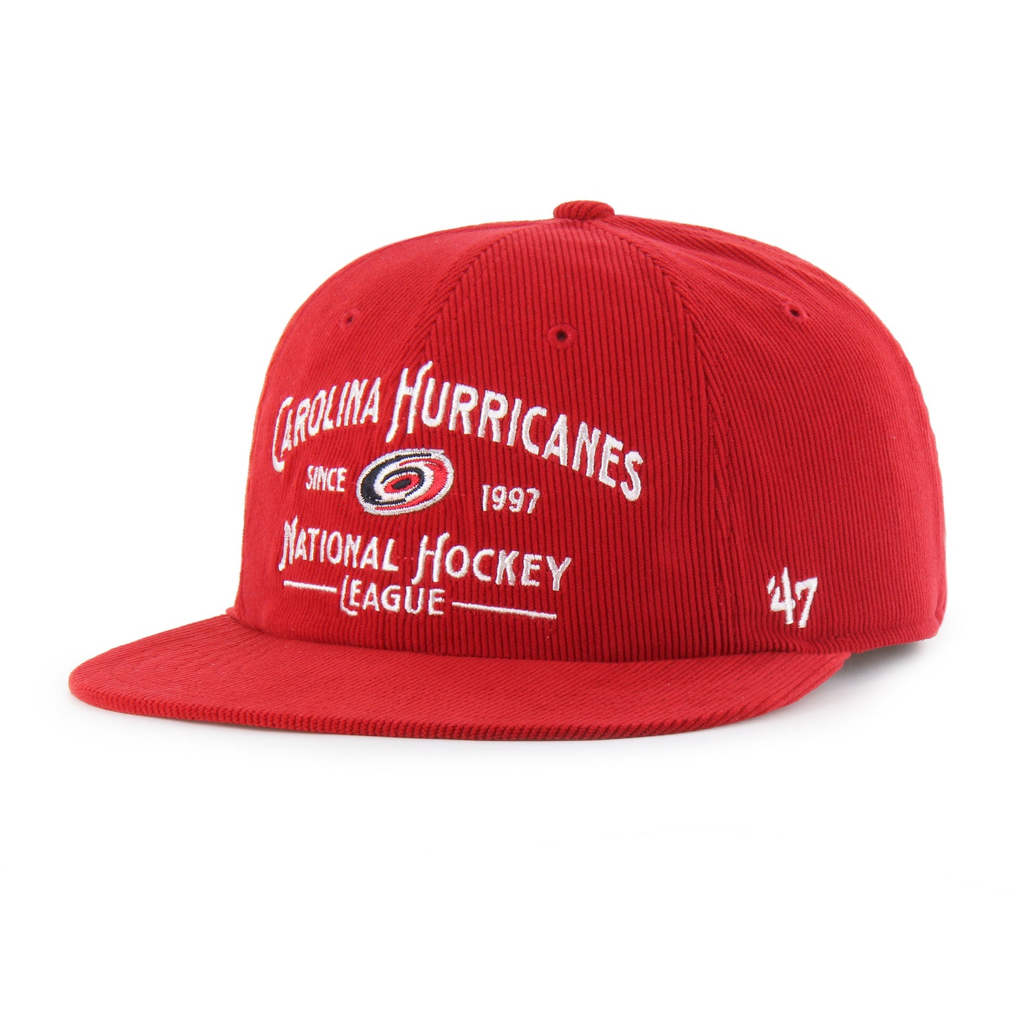 Front: Red hat with flatbrim, "Carolina Hurricanes Since 1997 National Hockey League" graphic