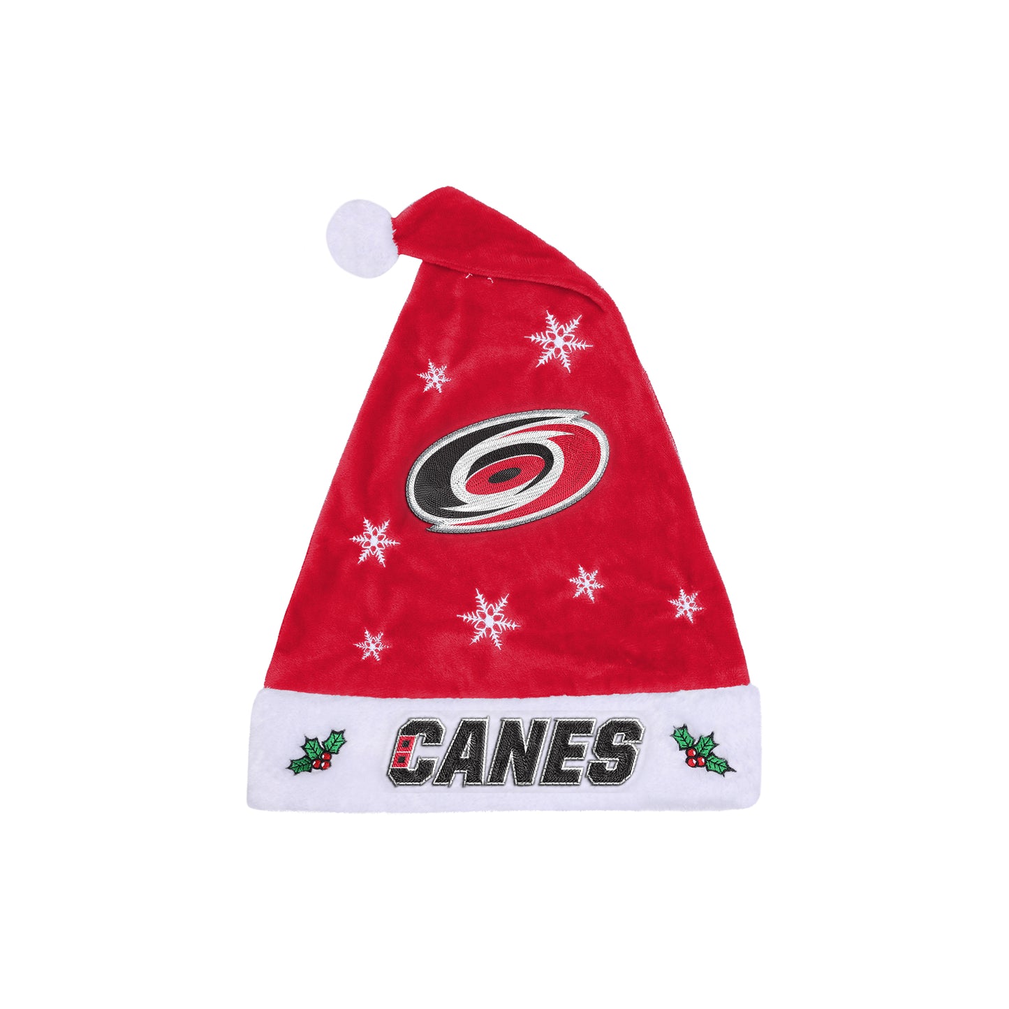 Santa hat with CANES wordmark on cuff, Hurricanes logo and snowflakes on red portion