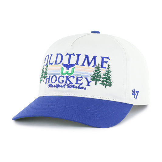 Front: White hat, blue brim, "OLD TIME HOCKEY" in blue on front with Whalers logo