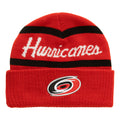 Front; Red cuffed beanie, black stripes on front, "Hurricanes' in white between stripes, Primary logo on cuff