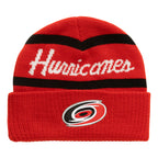 Front; Red cuffed beanie, black stripes on front, "Hurricanes' in white between stripes, Primary logo on cuff