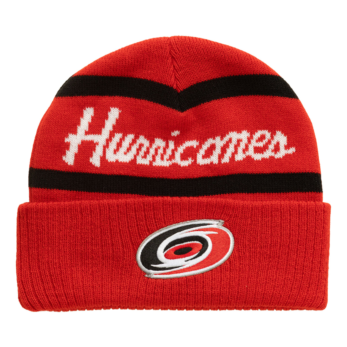 Front; Red cuffed beanie, black stripes on front, "Hurricanes' in white between stripes, Primary logo on cuff