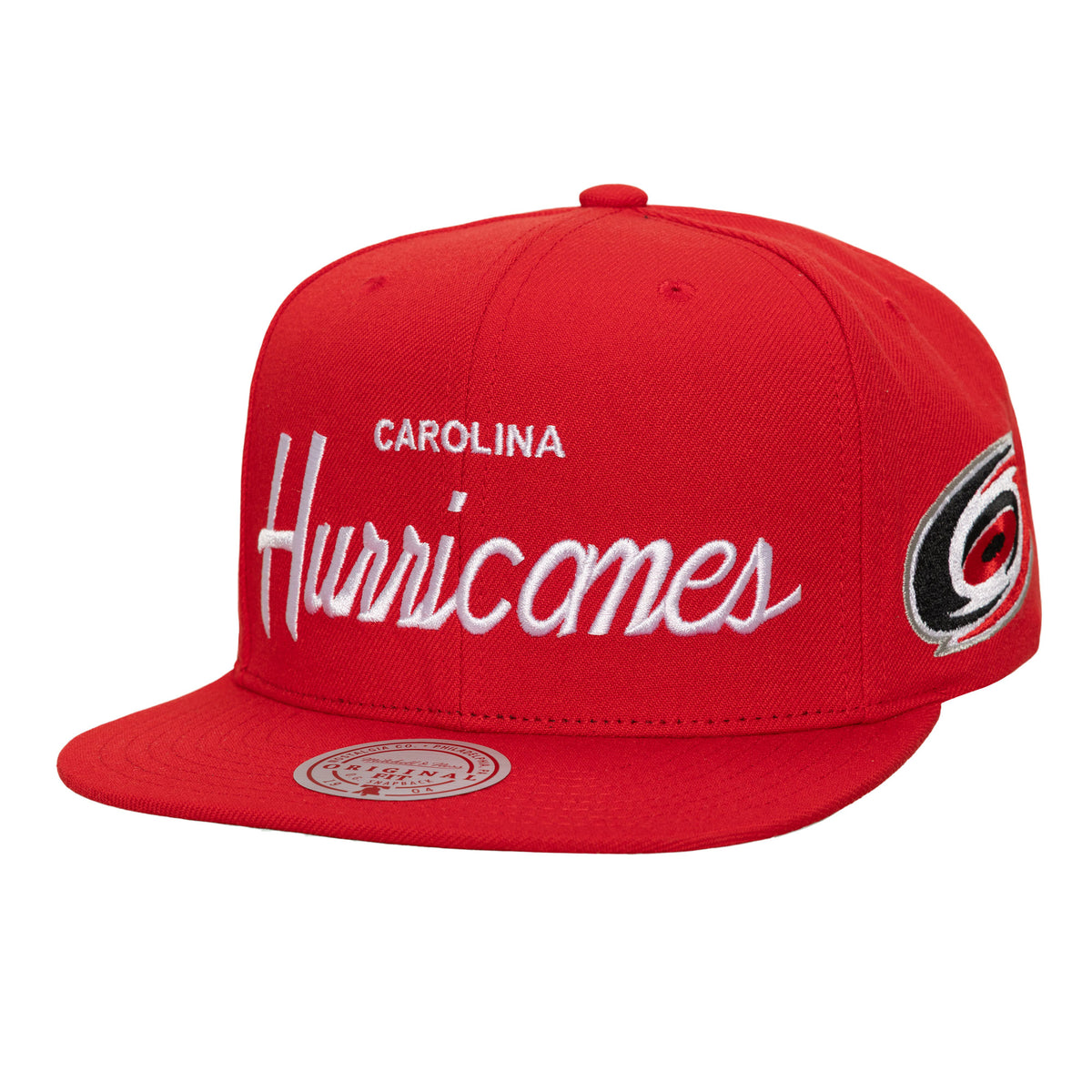 Front: Red flatbrim hat, "CAROLINA Hurricanes" in white across front, "Hurricanes" in cursive