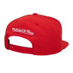 Back: Red snapback adjustable straps, Mitchell & Ness wordmark in white above straps