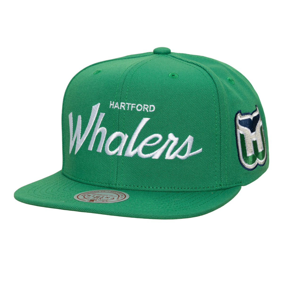 Front: Green flatbrim hat, "HARTFORD Whalers" in white across front, "Whalers" in curisve