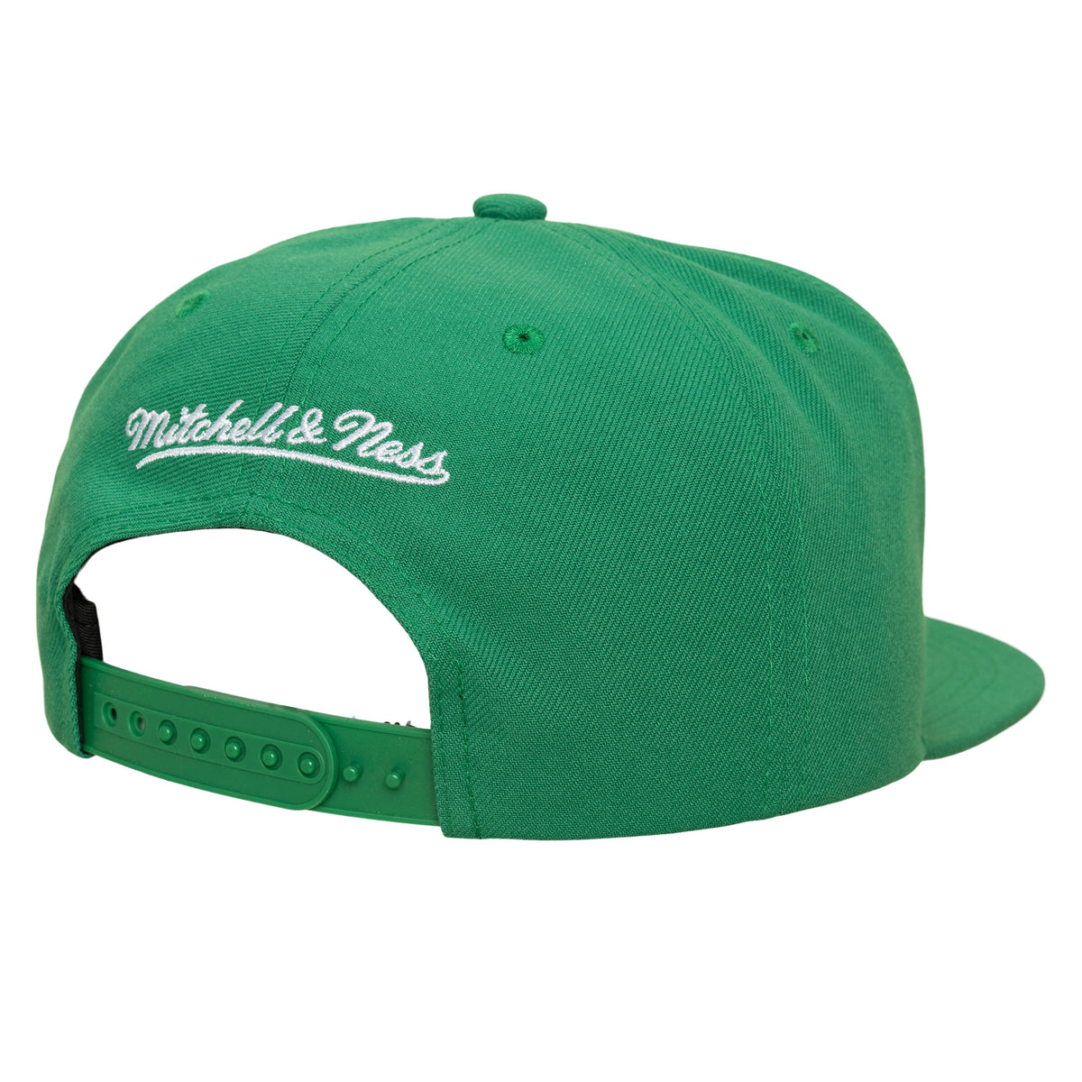 Back: Green adjustable snapback straps, Mitchell & Ness wordmark in white above straps