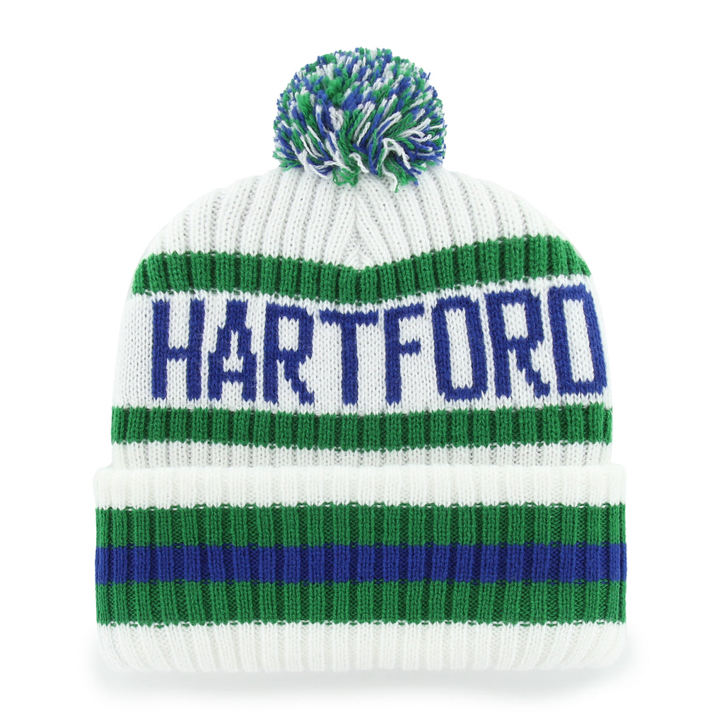 Back: "HARTFORD" in blue across back, blue/green/white pom