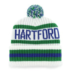 Back: "HARTFORD" in blue across back, blue/green/white pom