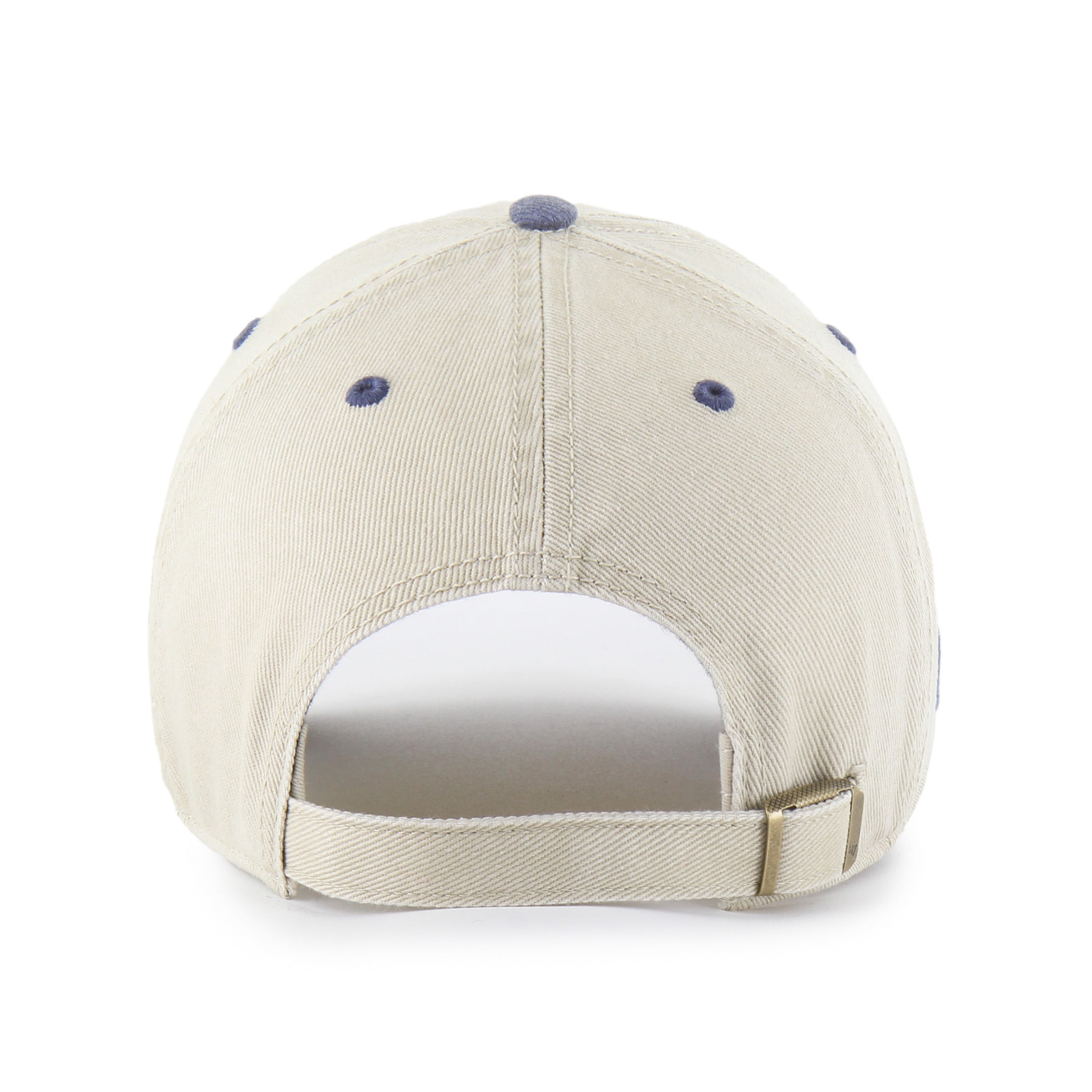 Back: Cream hat, blue eyelets/crown, cream adjustable strap with metal clasp