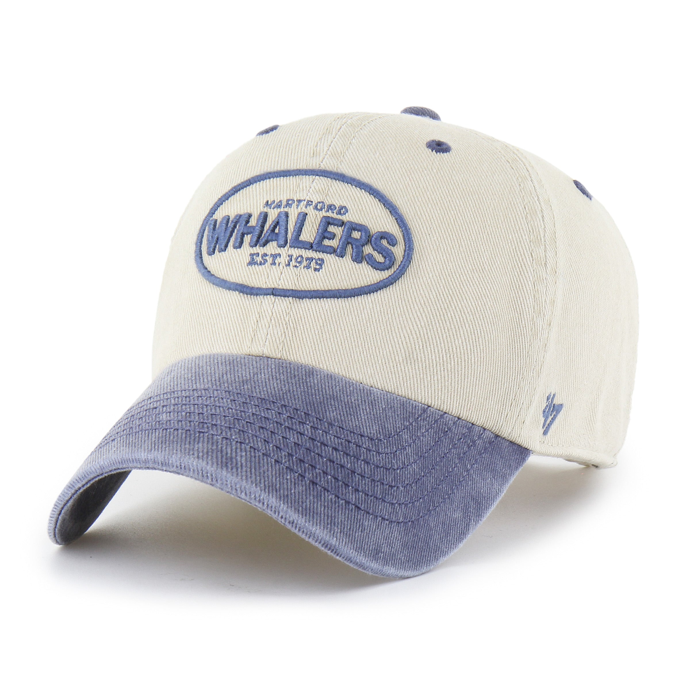 Front: Cream hat, blue brim, circular "Hartford Whalers Est. 1979" art on front