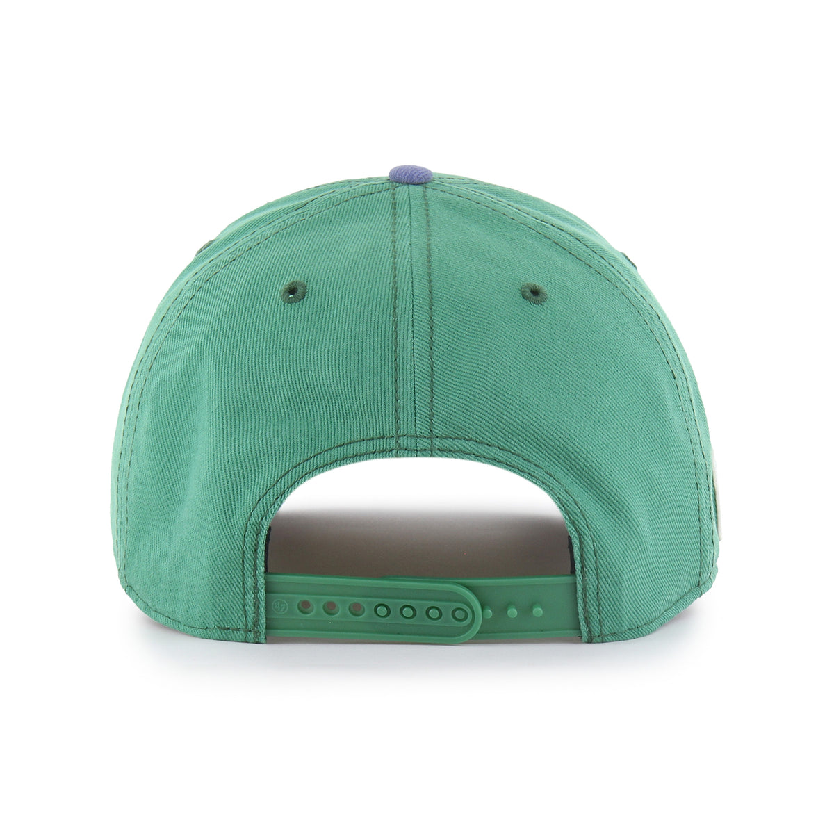 Back: Green snapback straps, blue crown, green eyelets