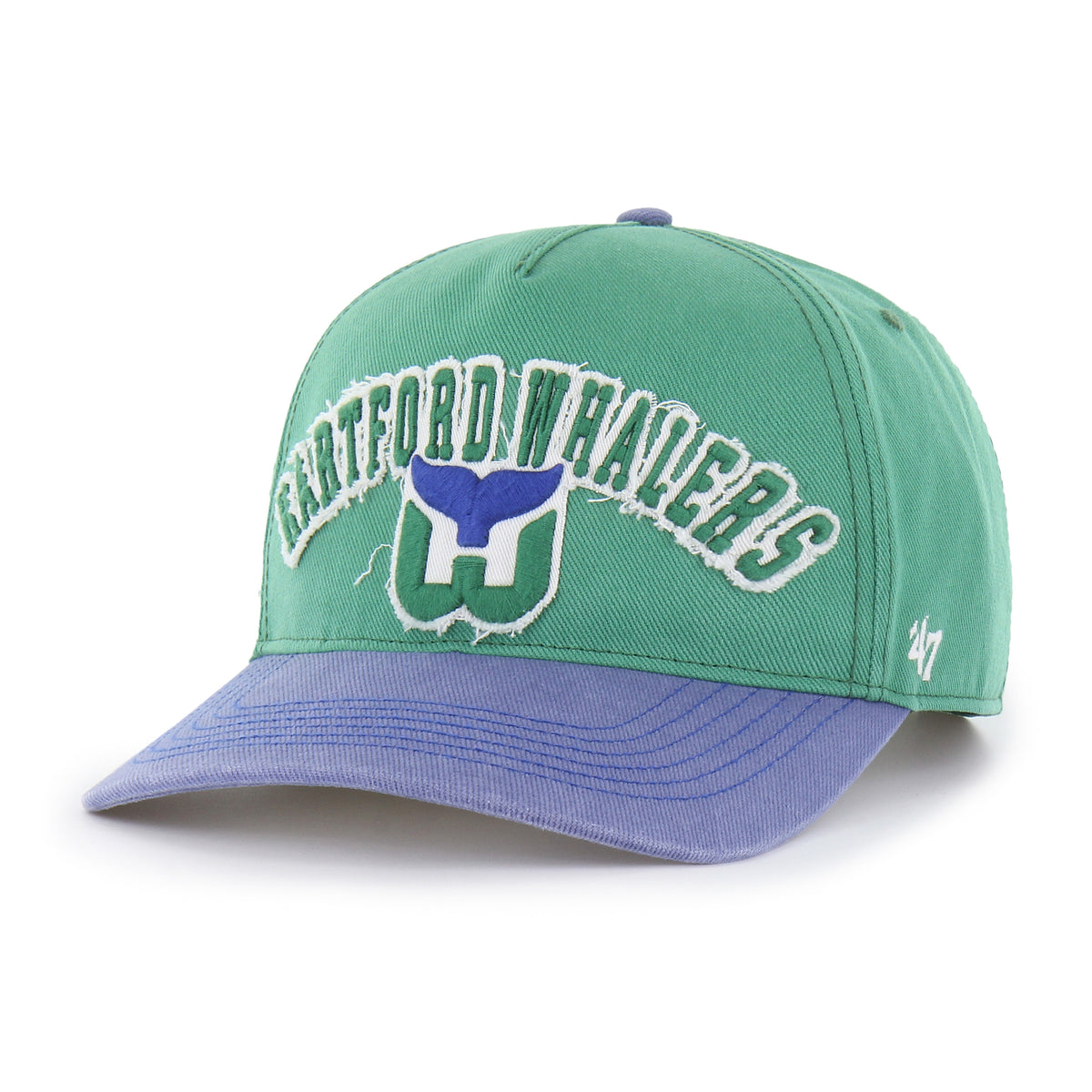 Front: Green hat, blue bill, "HARTFORD WHALERS" arched in green/white with Tail logo