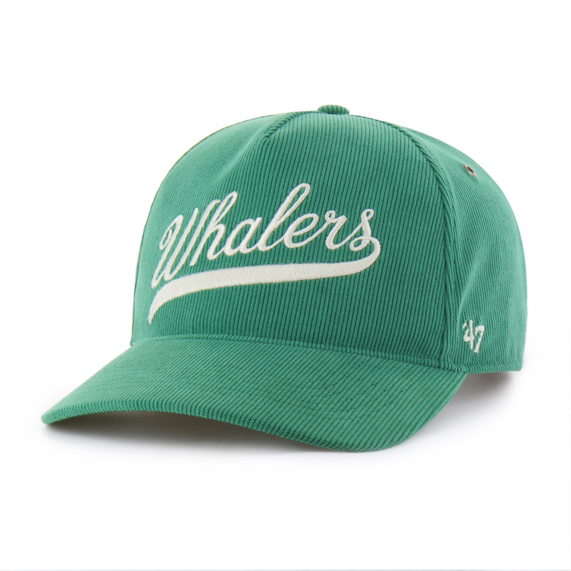 Front: Green corduroy hat, "Whalers" in script in white, 47 logo on left side
