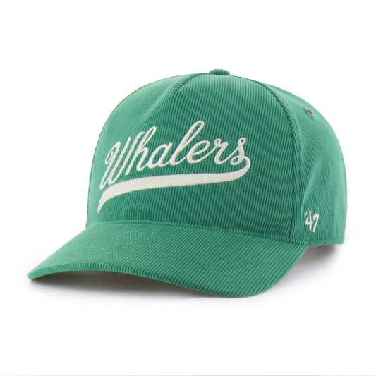 Front: Green corduroy hat, "Whalers" in script in white, 47 logo on left side