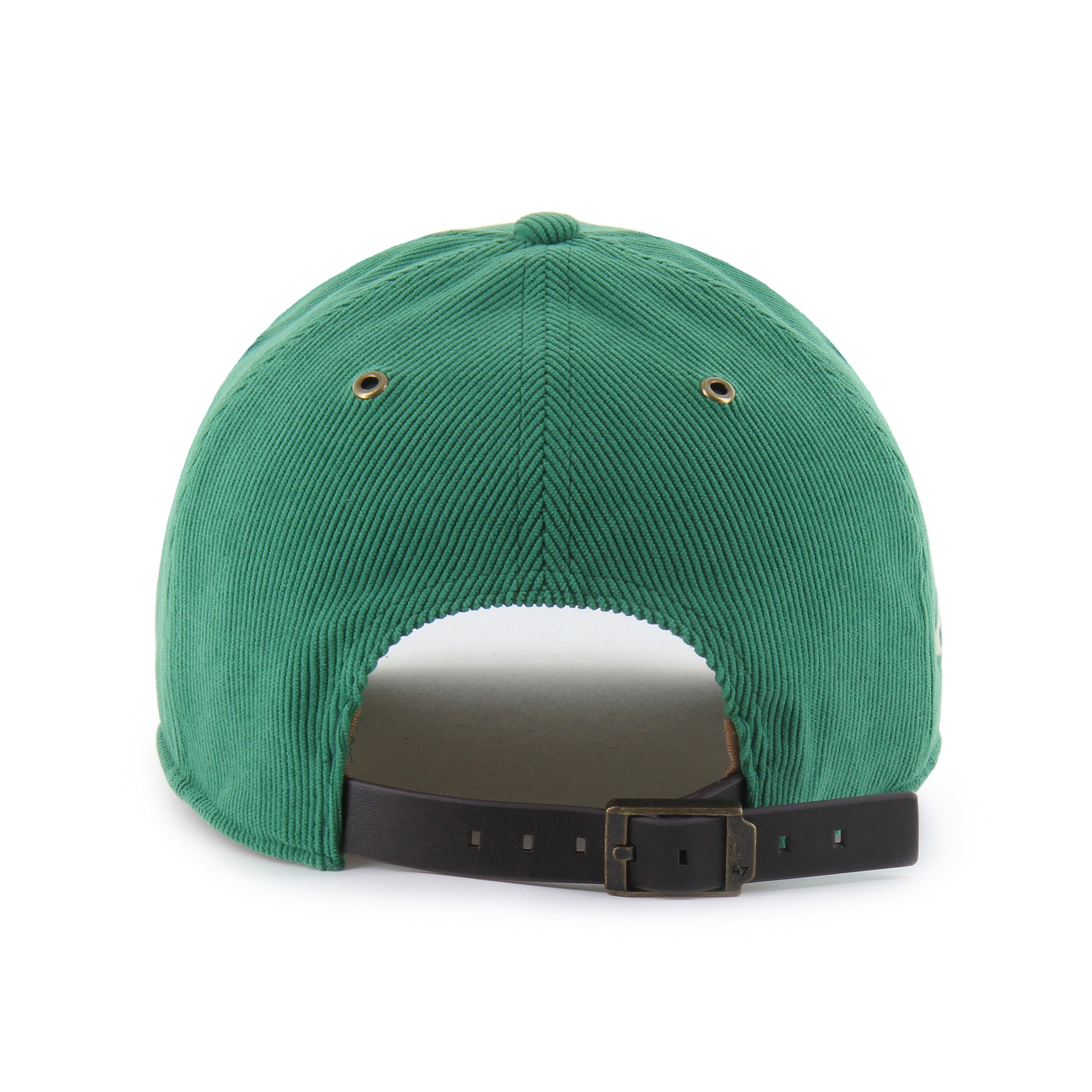 Back: Green hat with brown leather adjustable strap, metal clasp