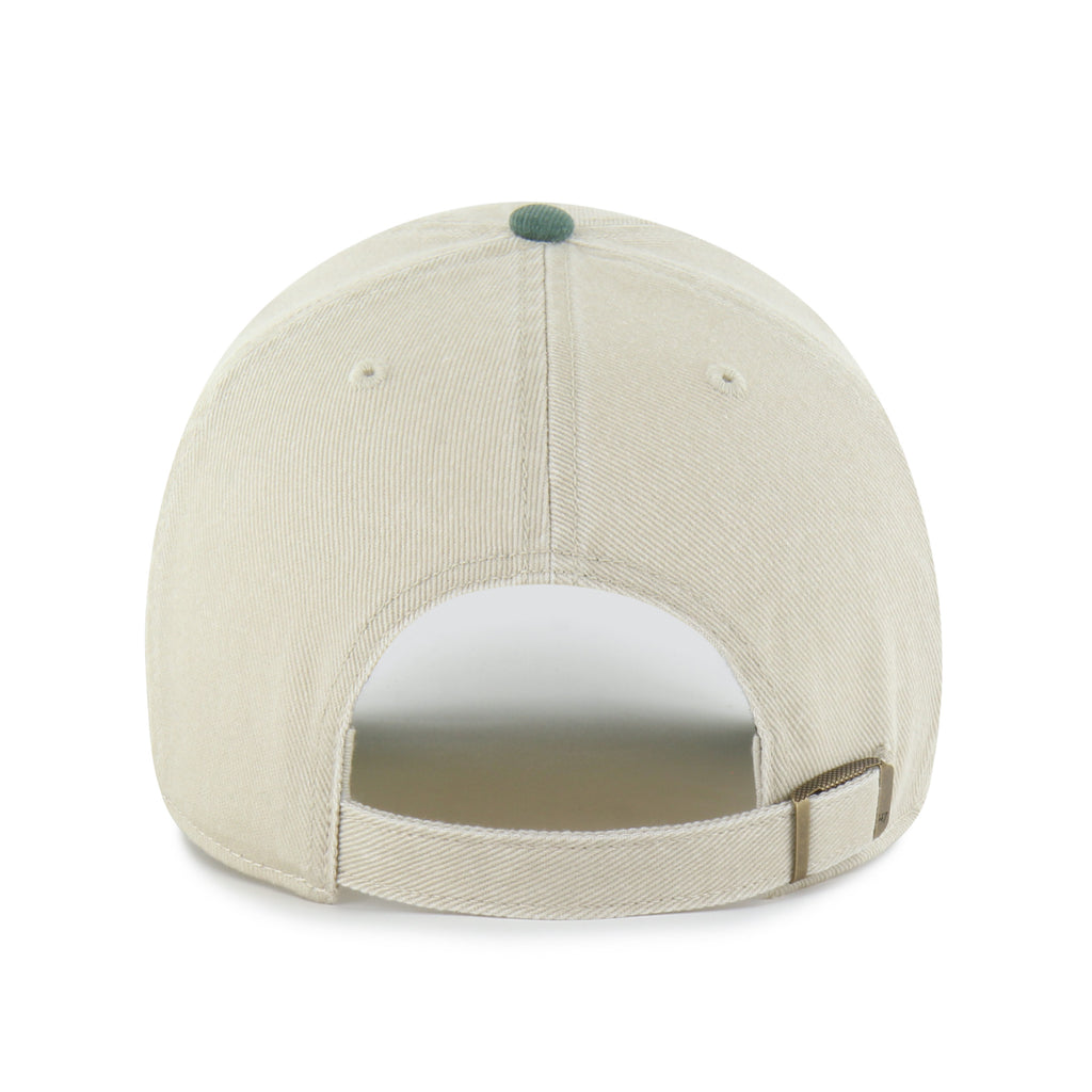 Back: Biege adjustable strap with metal clasp, olive green crown