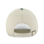 Back: Biege adjustable strap with metal clasp, olive green crown