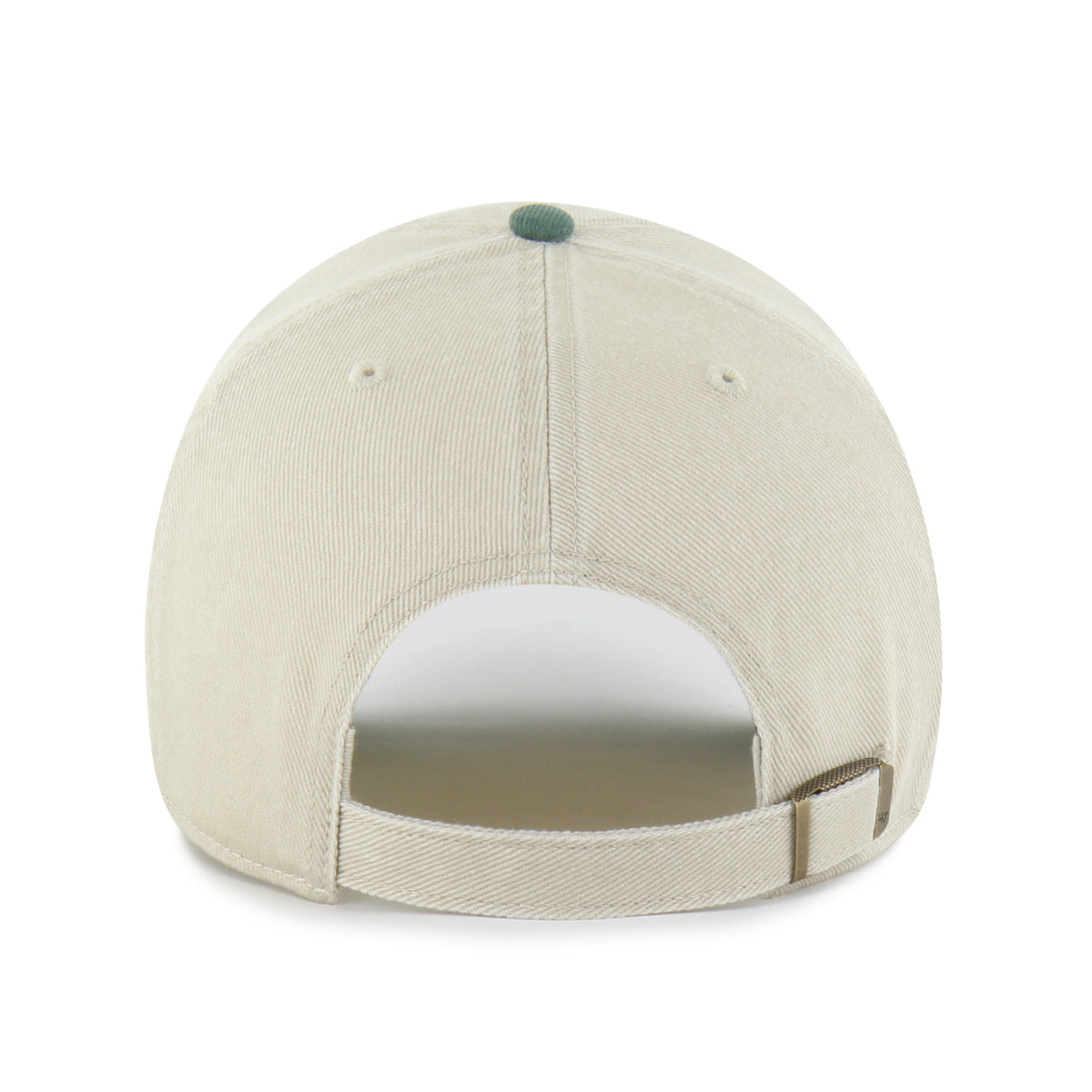 Back: Biege adjustable strap with metal clasp, olive green crown