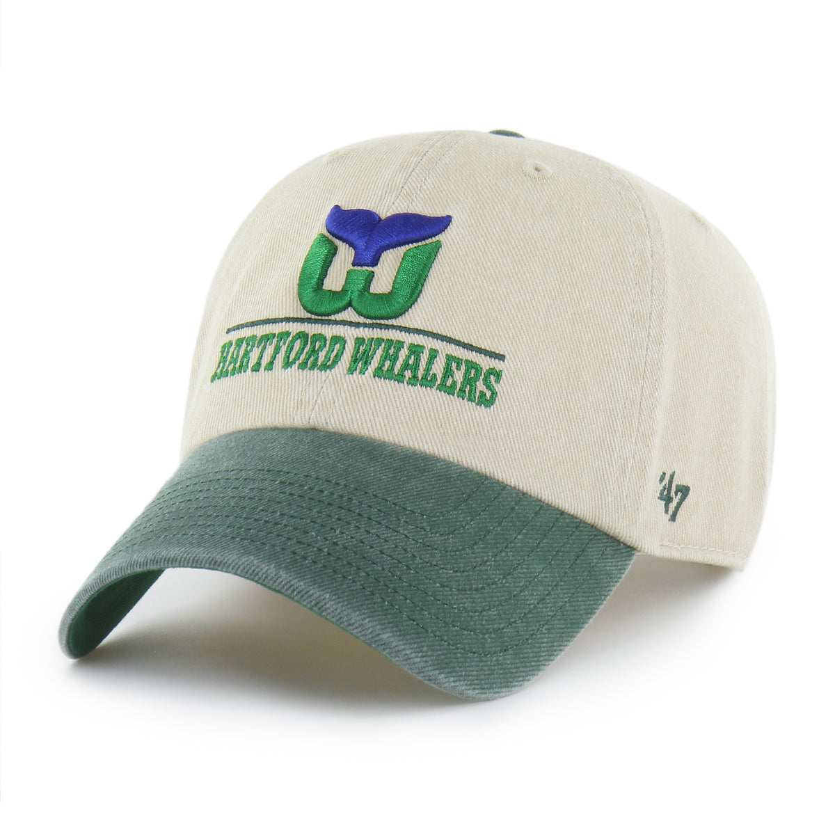 Front: Biege hat, olive green brim, "HARTFORD WHALERS" in green below black line, Whalers Tail logo