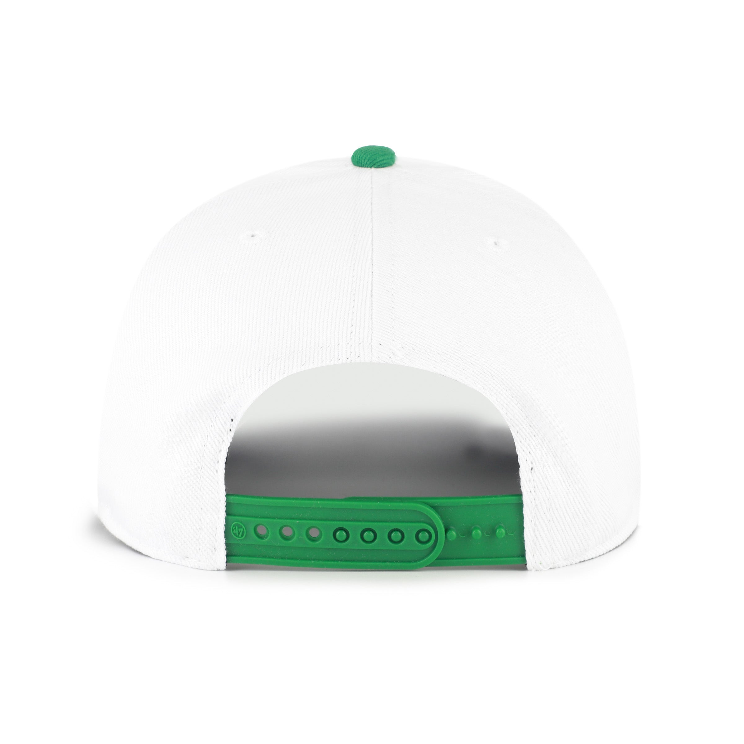 Back: White hat, green crown, green snapback straps