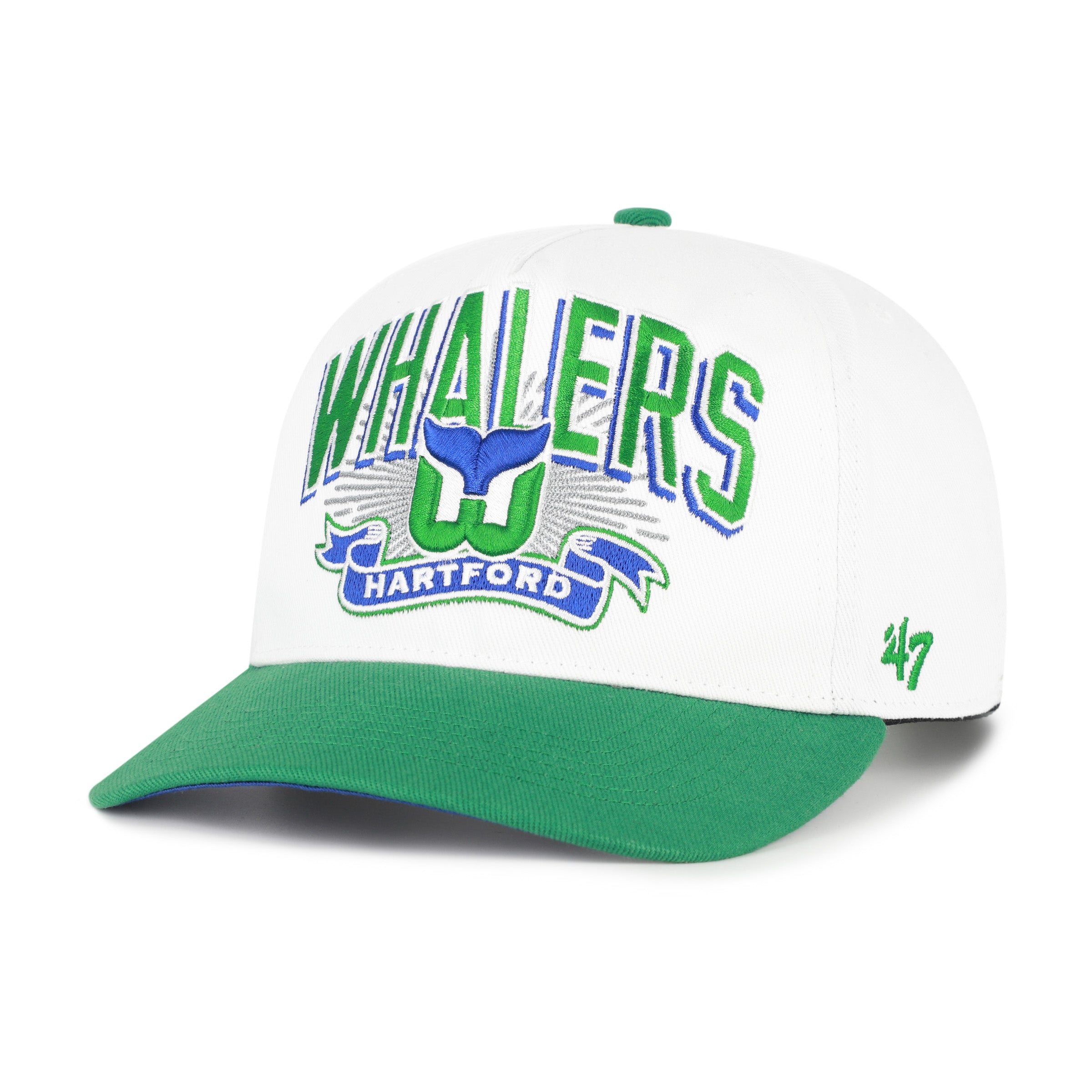 Front: White hat, green brim, "Hartford Whalers" graphic on front featuring Tail logo
