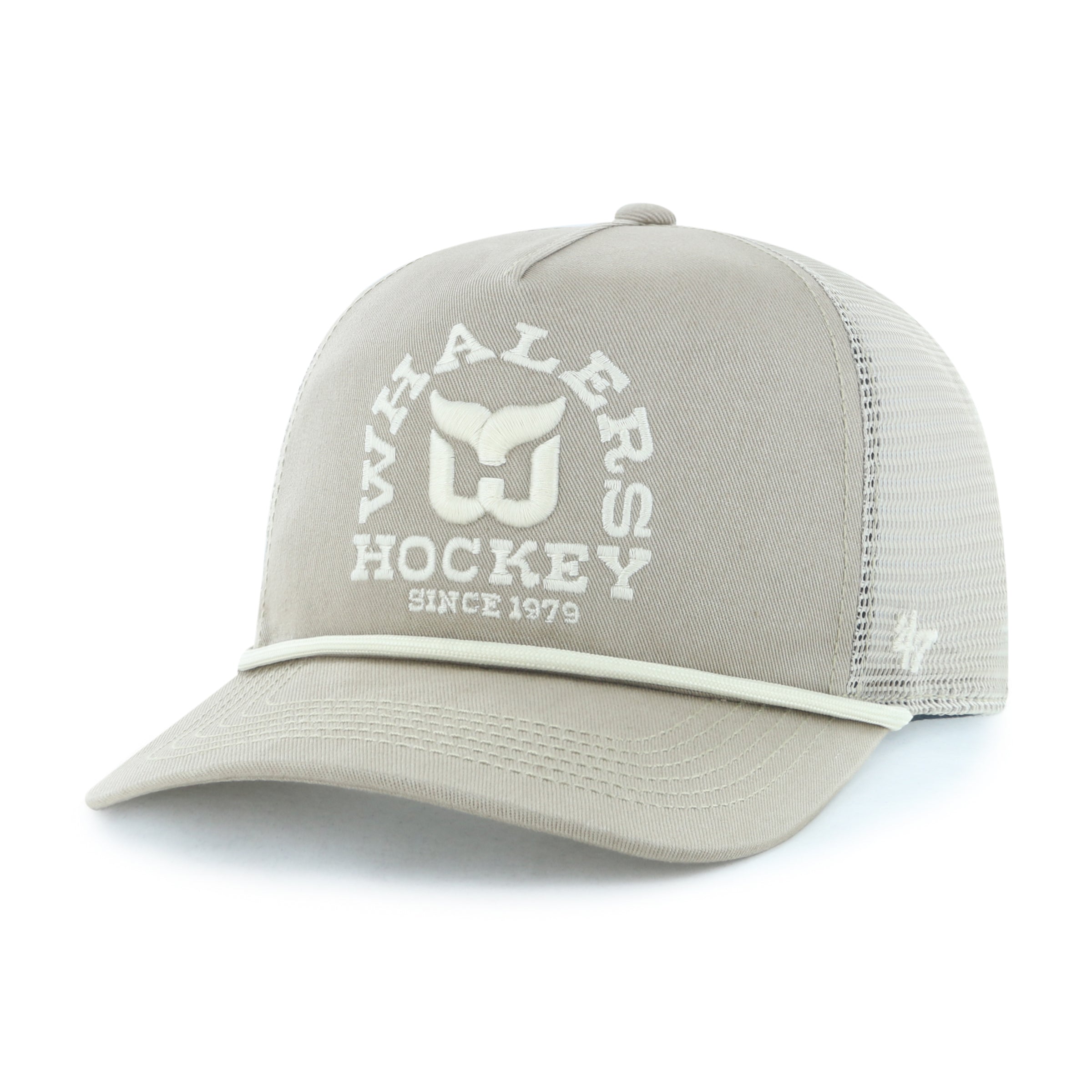 Front: Light gray hat with white rope on brim, "Whalers Hockey Since 1979" graphic