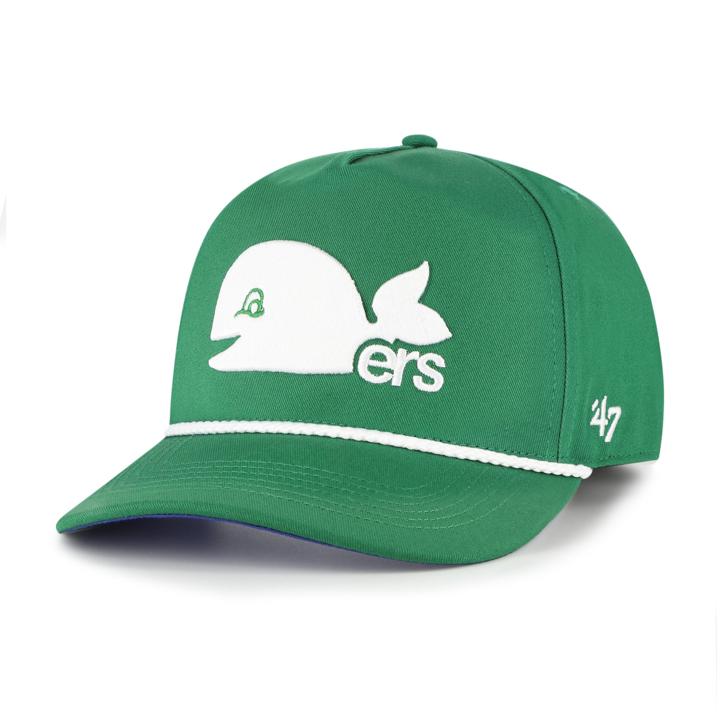 Front: Green Hitch hat, white rope on brim, Pucky Whalers hat on front