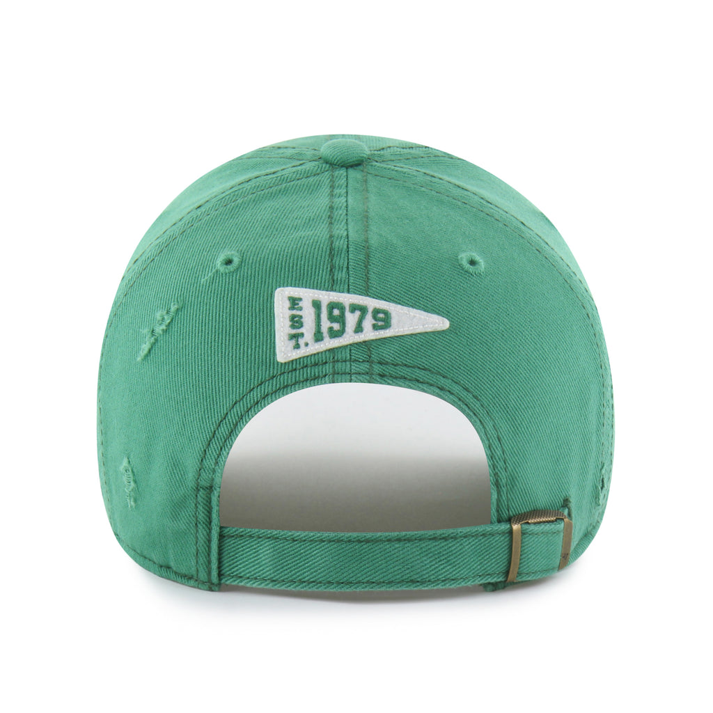 Back: Green adjustable strap with metal clasp, white pennant patch- says "EST 1979"