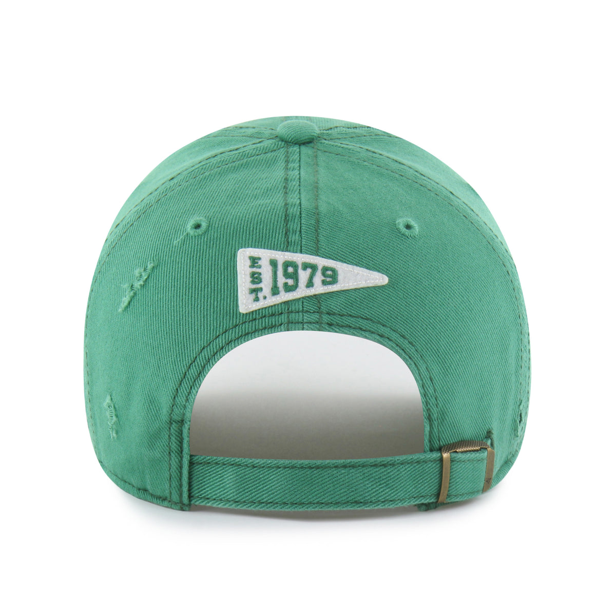 Back: Green adjustable strap with metal clasp, white pennant patch- says "EST 1979"