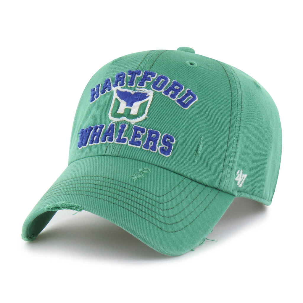 Front: Green hat with ripped style, "HARTFORD WHALERS" in blue with Tail logo centered