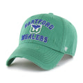Front: Green hat with ripped style, "HARTFORD WHALERS" in blue with Tail logo centered