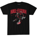 Black tee, "HALL-ELJUAH" arched in red with art of Taylor Hall celebrating overtop