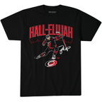 Black tee, "HALL-ELJUAH" arched in red with art of Taylor Hall celebrating overtop